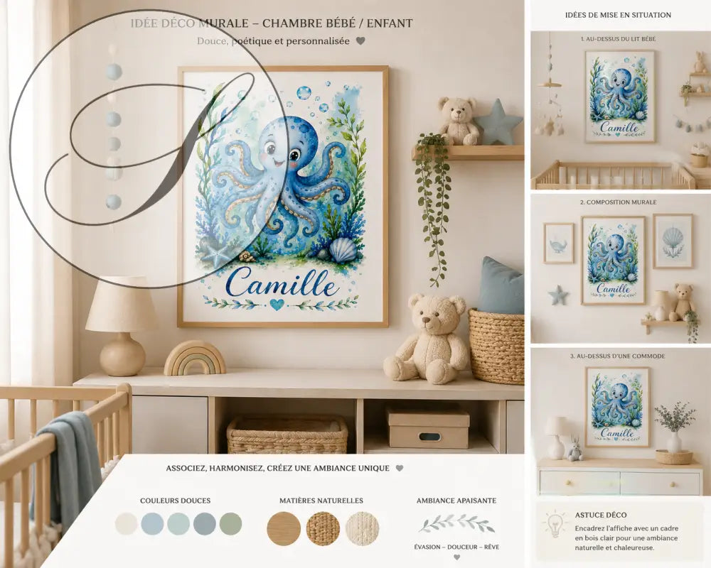 Personalized blue watercolour child poster with the name Camille in a light wood frame, unique baby gift