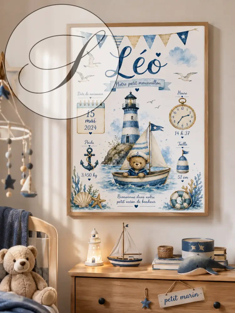Blue and white striped lighthouse poster with a teddy bear in a sailboat, light wood frame