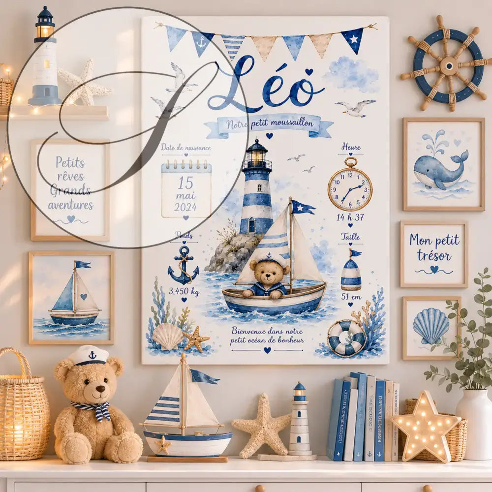 Blue and white striped lighthouse baby poster with a teddy bear in a sailboat