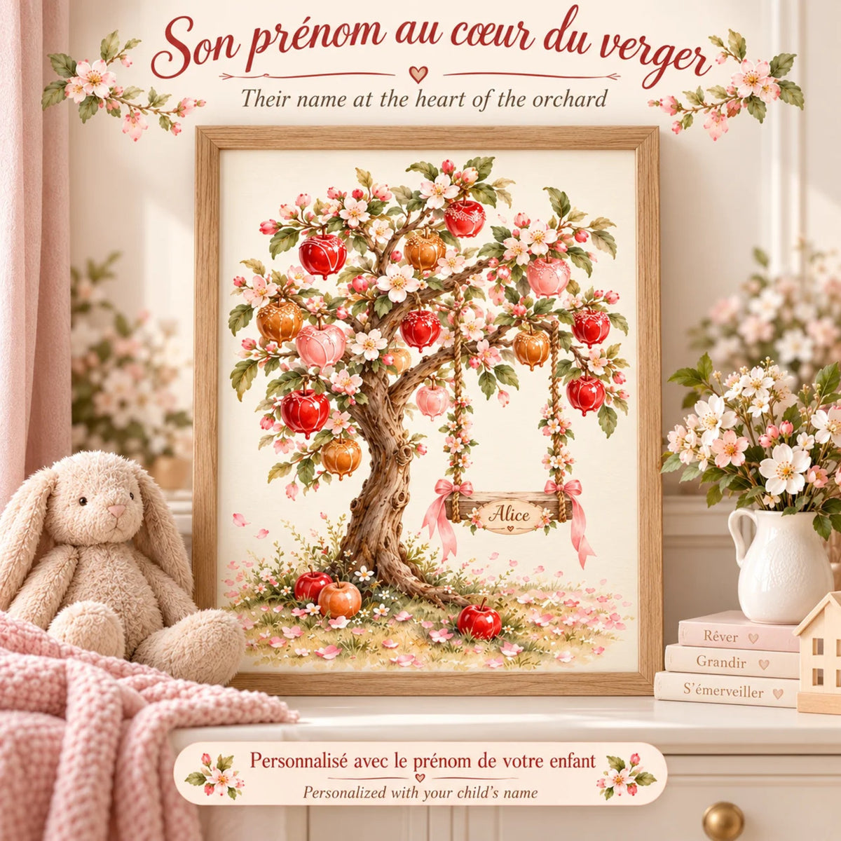 Cadeau naissance personnalisé : son prénom au cœur du verger, affiche pommier encadrée dans une chambre de bébé