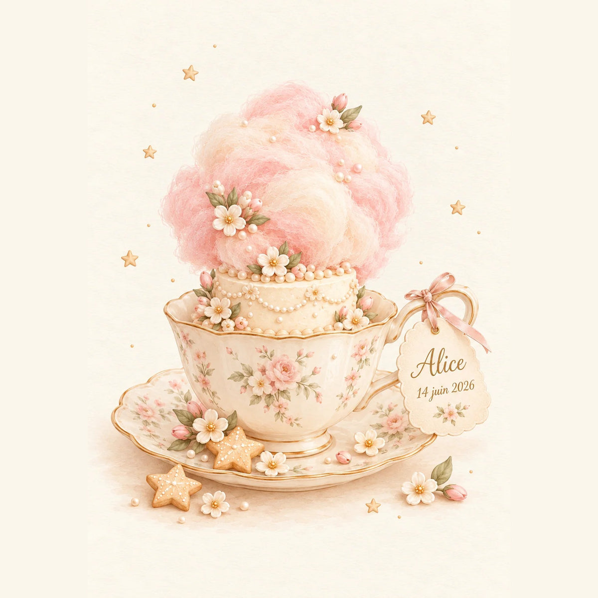 Cadeau naissance personnalisé : affiche tasse en porcelaine fleurie et barbe à papa avec étiquette prénom et date de naissance