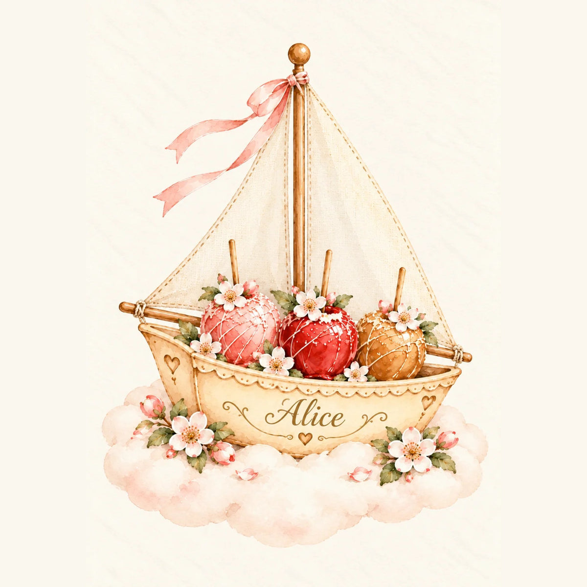 Cadeau naissance personnalisé : affiche voilier chargé de pommes d'amour sur un nuage avec le prénom de bébé