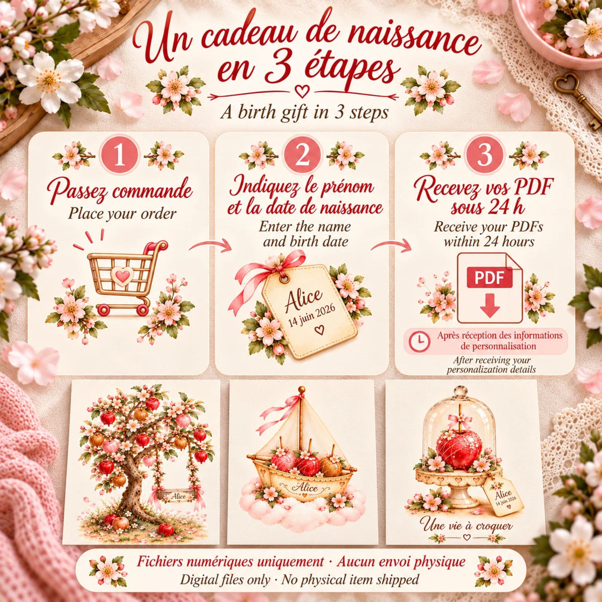 Cadeau naissance personnalisé en 3 étapes : prénom et date de naissance, fichiers PDF reçus sous 24 h