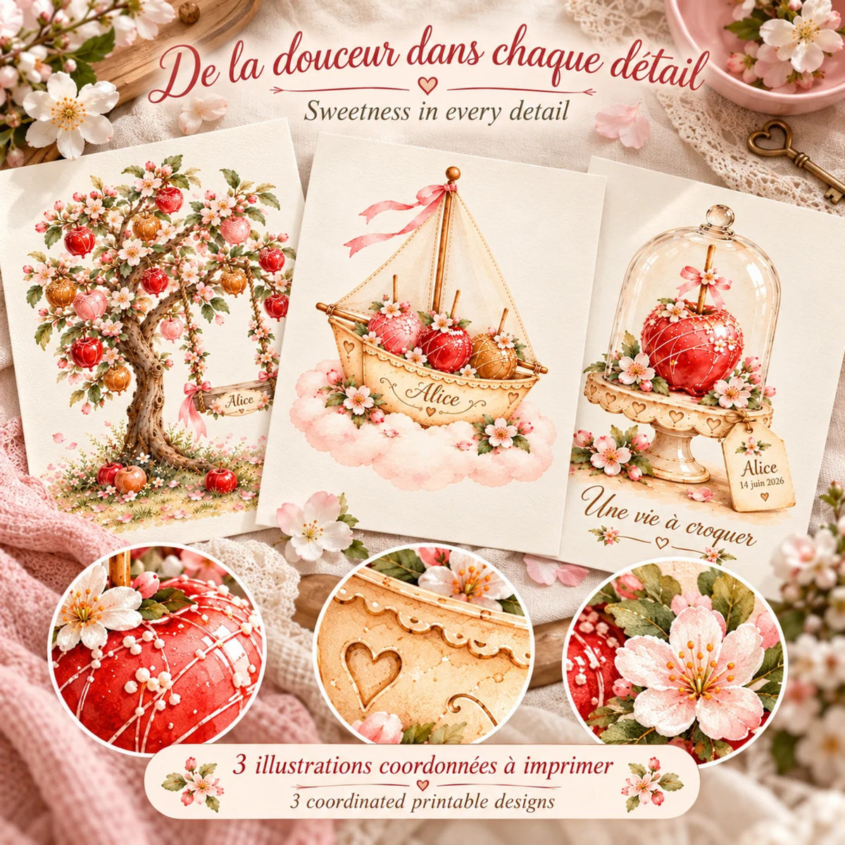 Cadeau naissance : de la douceur dans chaque détail, 3 illustrations pommes d'amour coordonnées à imprimer