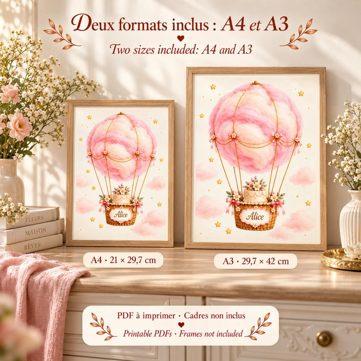 Cadeau naissance à imprimer : affiche montgolfière au prénom en formats A4 21 x 29,7 cm et A3 29,7 x 42 cm