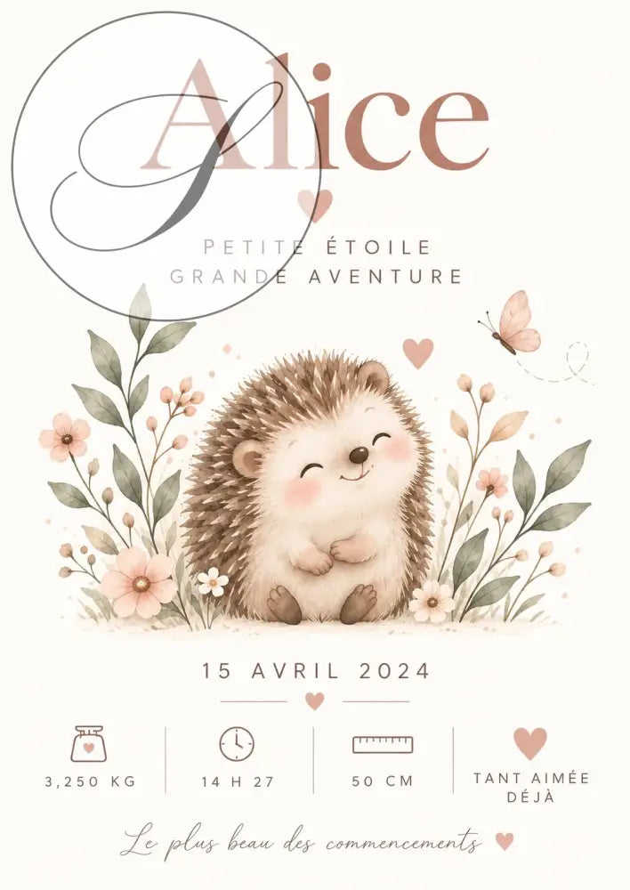Charmant cadeau naissance affiches bébé hérisson personnalisées avec prénom, illustrations aquarelles fleurs roses et feuilles vertes