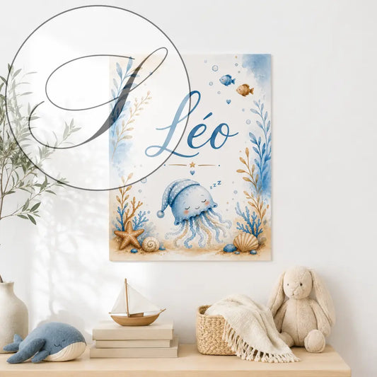 Affiche personnalisée prénom format a4 bleu aquarelle avec méduse endormie étoile de mer