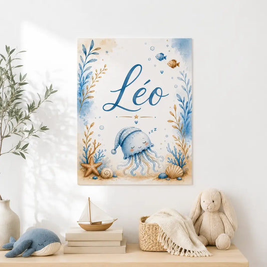 Affiche personnalisée prénom format a4 bleu aquarelle avec méduse endormie -cadeau naissance