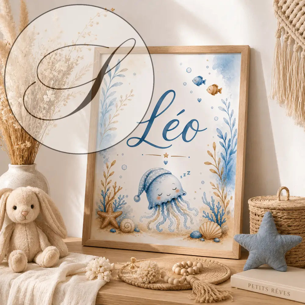 Personalized A4 baby name print with a blue jellyfish, baby gift