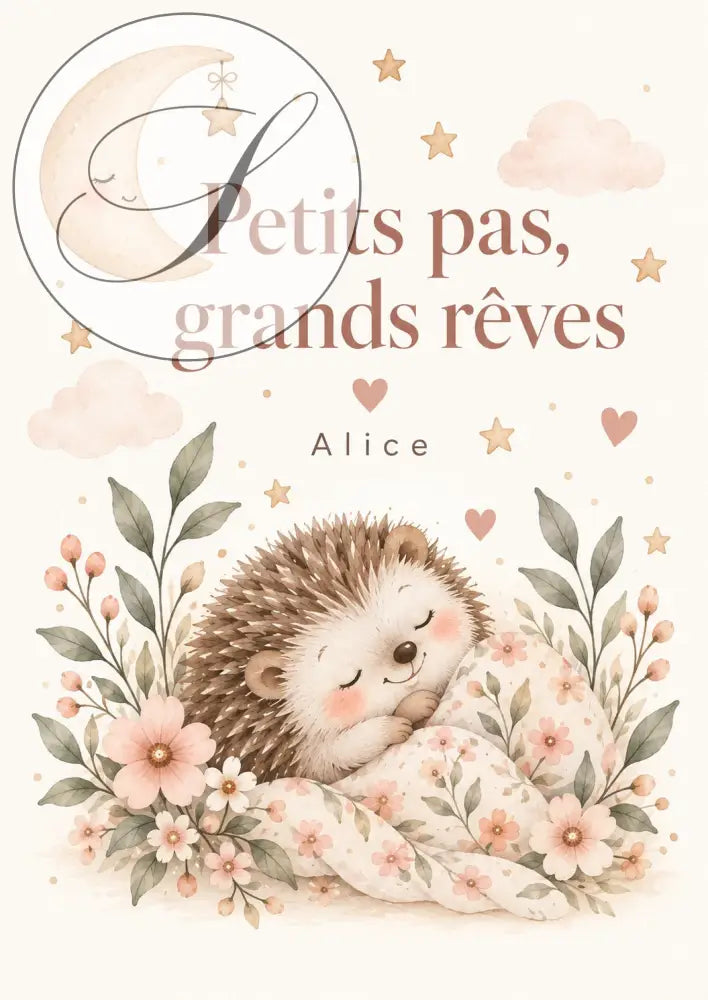 Cadeau naissance lot de 5 affiches bébé hérisson avec illustration douce en aquarelle et couverture florale personnalisée