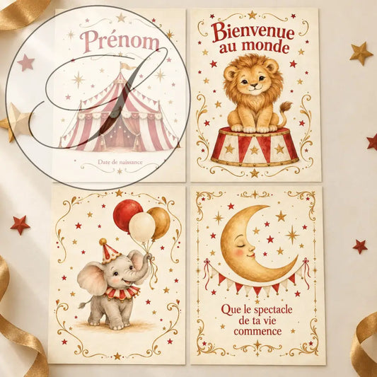 Lot de 4 posters cirque à imprimer avec illustrations colorées pour cadeau naissance personnalisé anniversaire bébé