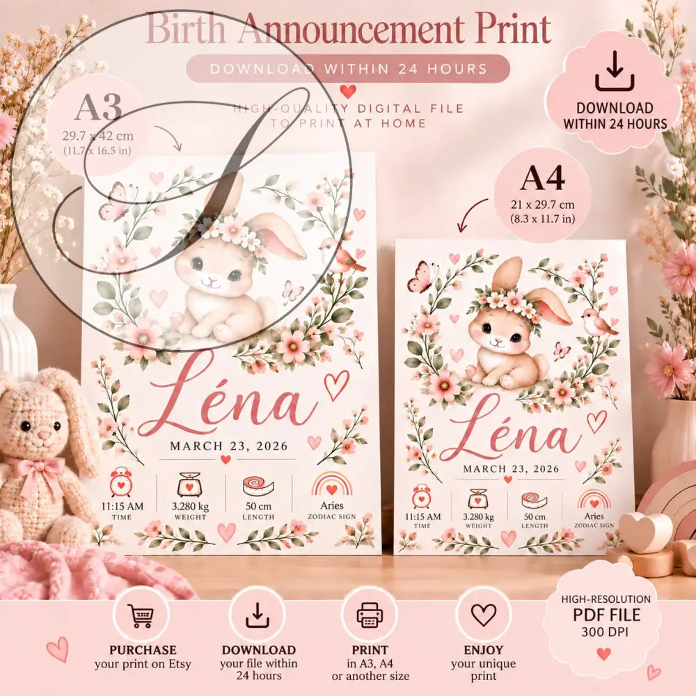 Affiche de naissance personnalisée lapin fleuri rose poudré avec un lapin décoré de fleurs pour baby shower et chambre bébé