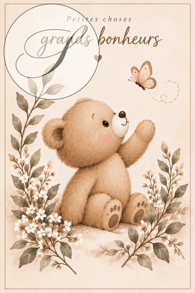 Affiche chambre bébé ourson et papillon avec citation Petites choses grands bonheurs