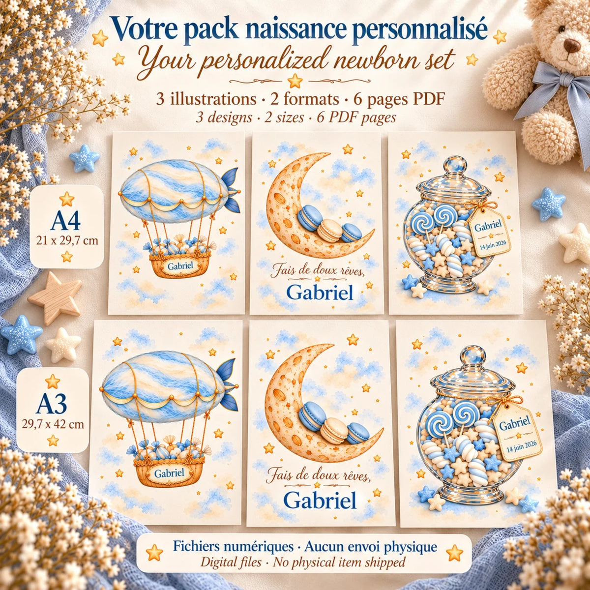 Cadeau naissance : contenu du pack personnalisé, 3 affiches dirigeable, lune et bocal en A4 et A3, 6 pages PDF