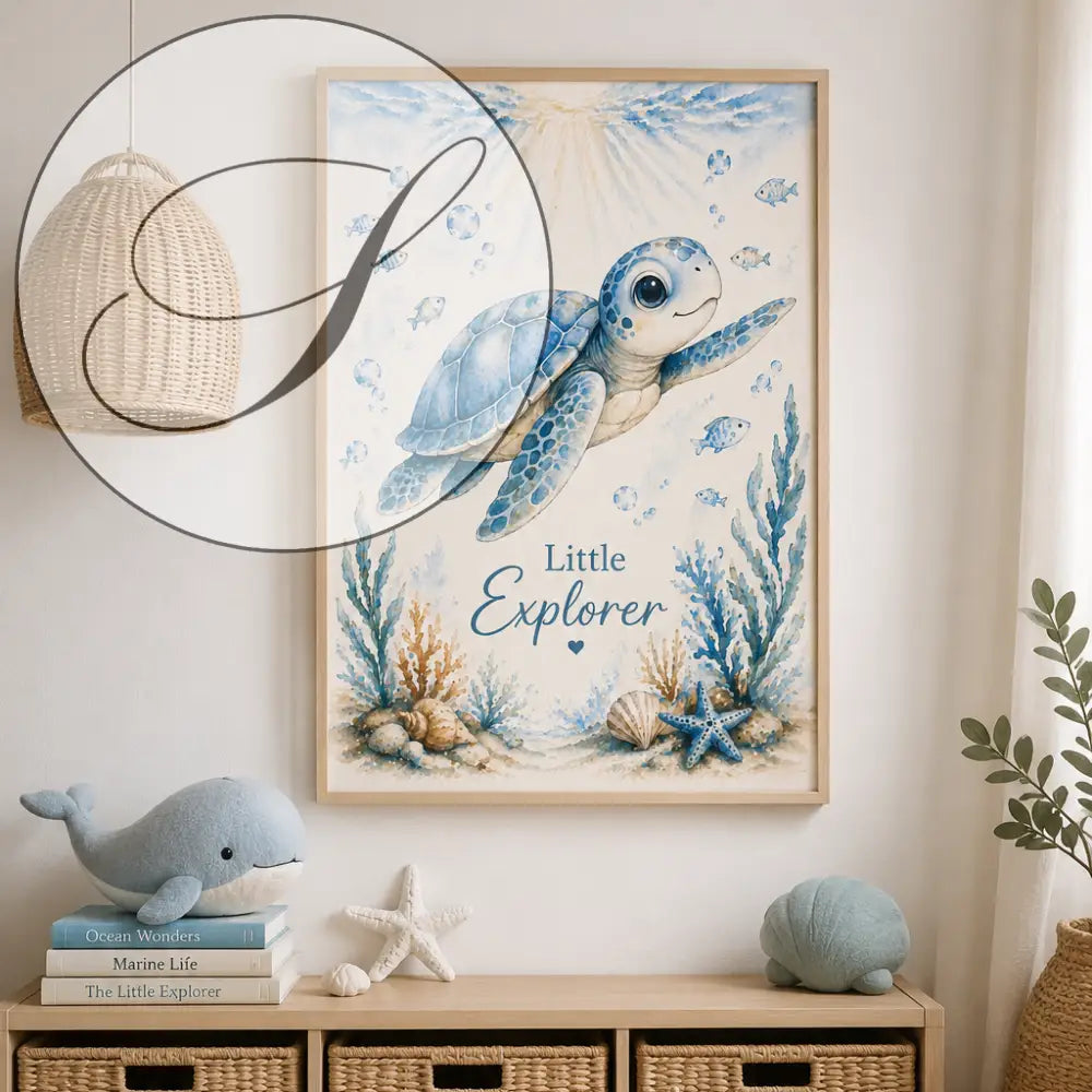 Affiche tortue marine à télécharger montrant une tortue bleue aquarelle avec texte little explorer cadeau naissance