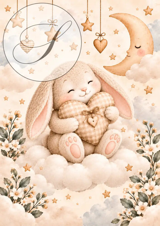 Affiche chambre bébé lapin qui serre un cœur vichy sur un nuage, lune et étoiles dorées, tons beige