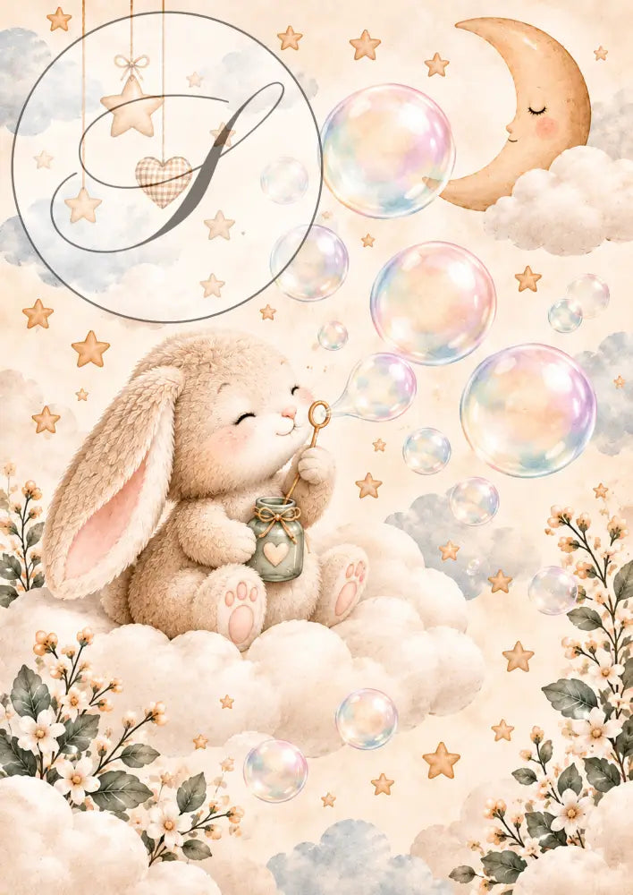 Affiche bébé lapin qui fait des bulles de savon sur un nuage sous la lune, décoration chambre enfant beige