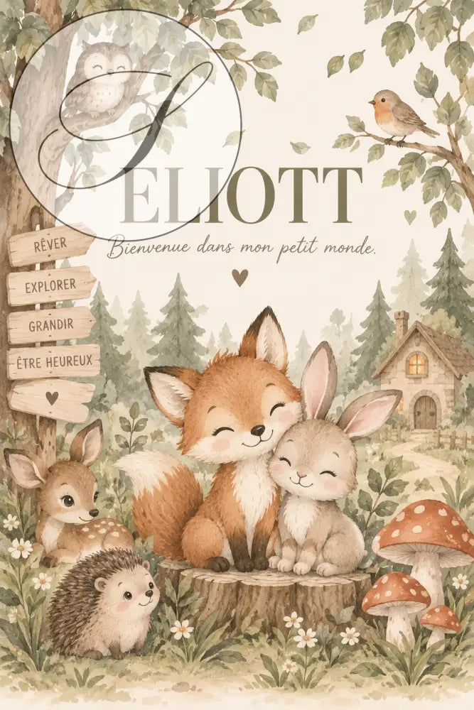 Affiche prénom bébé personnalisée avec scène forêt douce et animaux mignons tons terreux idéale cadeau naissance personnalisée