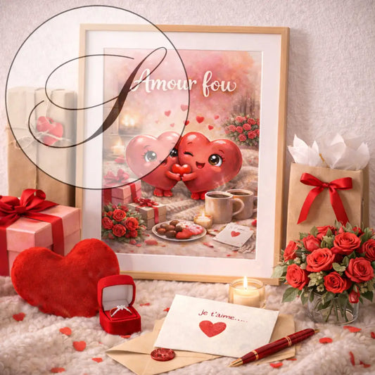 Affiche romantique avec illustration de deux coeurs tenant un bonbon en forme de coeur et texte amour fou cadeau saint valentin
