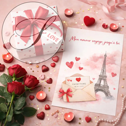 Boîte cadeau blanche avec motifs cœurs rouges et ruban satin rouge idée cadeau saint valentin poster paris