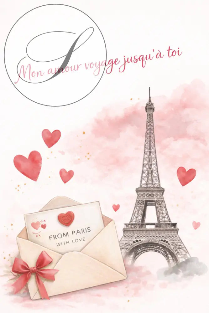 Enveloppe crème délicate avec ruban rose et timbre cœur poster paris cadeau saint valentin idée cadeau saint homme femme
