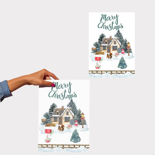 Affiche noël festive avec illustration aquarelle d un village enneigé et personnages pour une idée cadeau chic