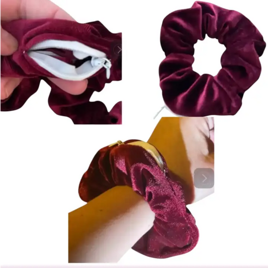Chouchou cheveux velours bordeaux avec poche zippée - Chouchous et élastiques