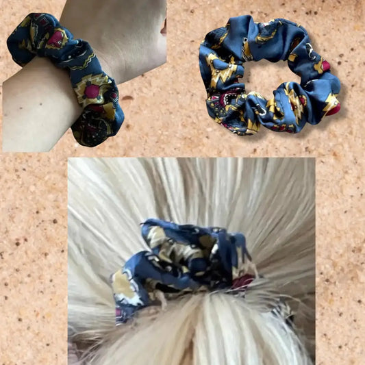 Chouchou Cheveux Satin Bleu Floral – Scrunchie Printemps Été Tendance 2025 - Chouchous et élastiques