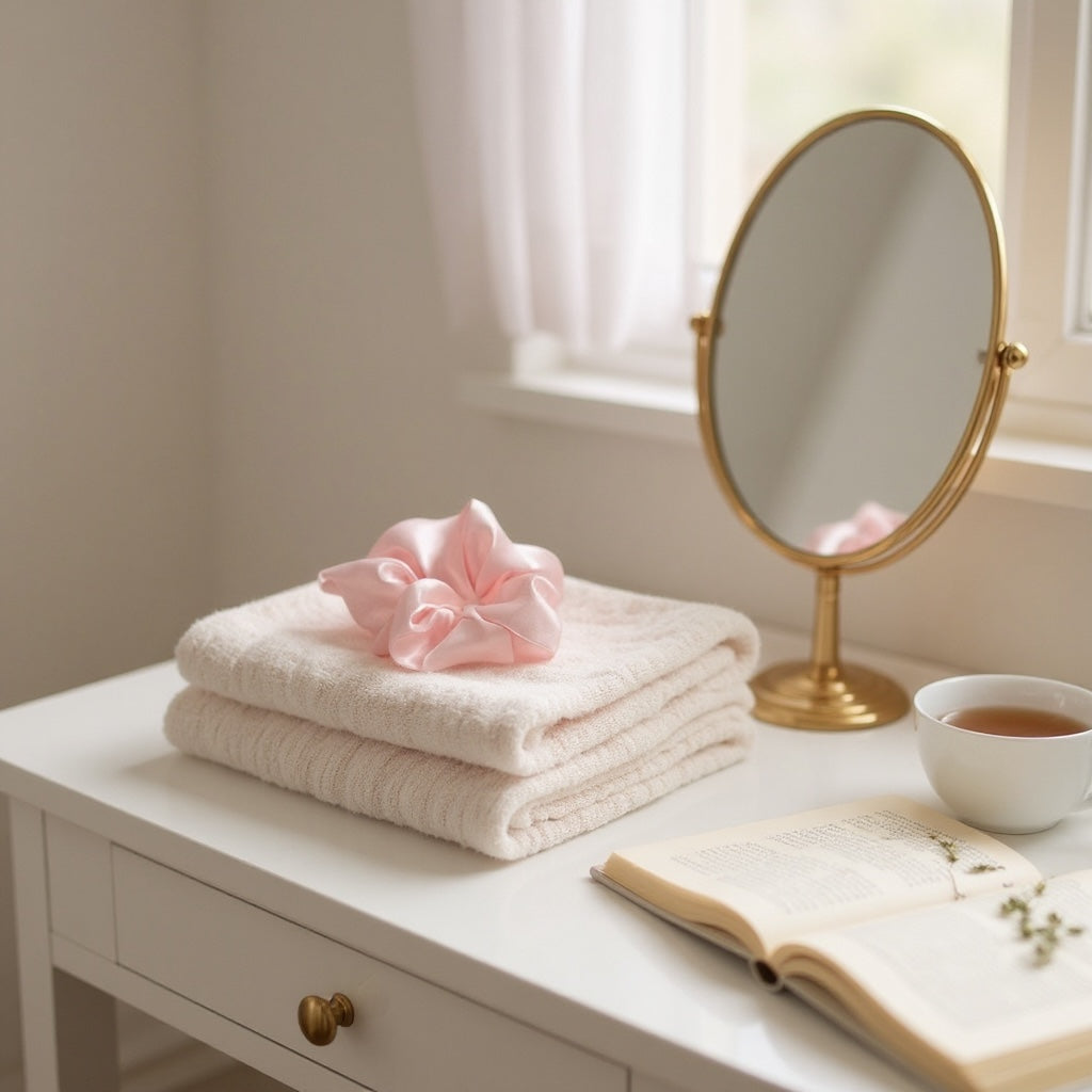 Chouchou pour cheveux posé sur une table de toilette