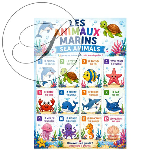 Colorful educational poster with bilingual french english sea animals for cours anglais