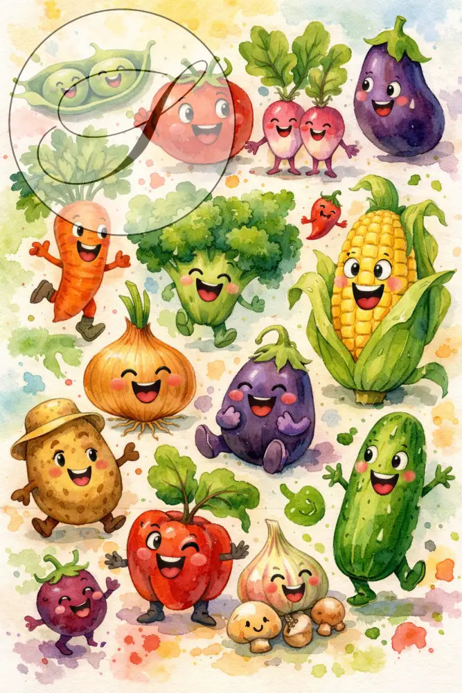 Affiche lot 2 fruits et légumes aquarelle avec tomate rouge souriante pour décoration murale de cuisine atelier salad-dressing paris