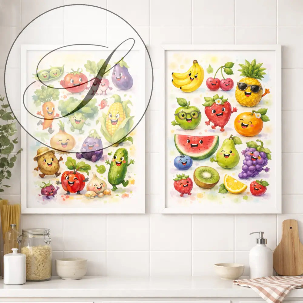 Lot 2 affiches fruits et légumes aquarelle avec visages joyeux en couleurs vives pour décoration murale de cuisine atelier salad-dressing paris