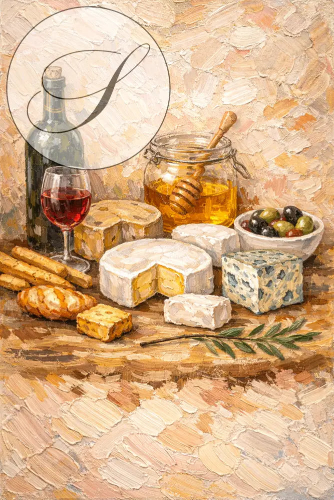 Affiche cuisine déco murale gourmande avec fromages, charcuterie