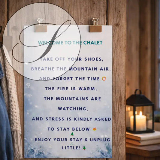 Affiche de bienvenue welcome to the chalet avec texte teal et navy et motif montagne enneigée décoration murale hiver perfecto pour art mural à imprimer