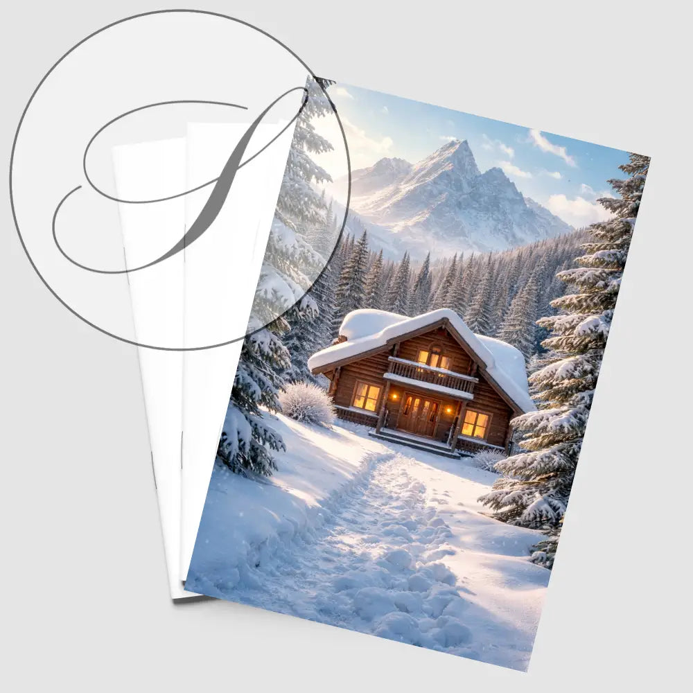 Affiche chalet d’hiver dans une forêt enneigée décorative murale hiver téléchargement numérique à imprimer