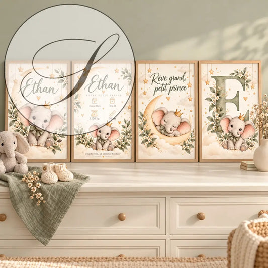 Cadeau naissance personnalisé : lot de 4 posters bébé éléphant couronné vert sauge et doré