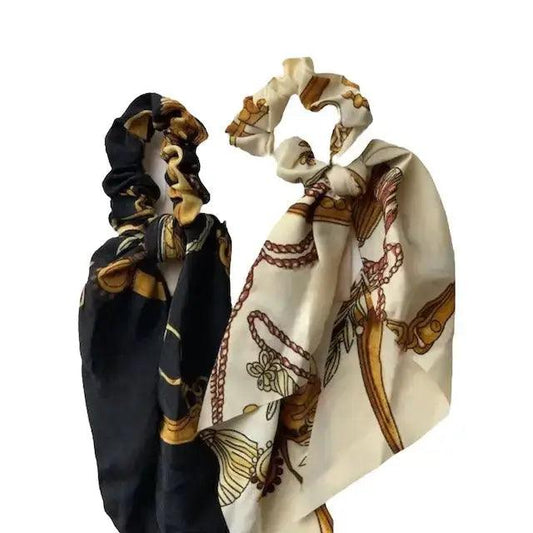 Ensemble de 2 Chouchous Satin Floral Noir et Beige – Accessoires Élégants pour Cheveux - élastiques