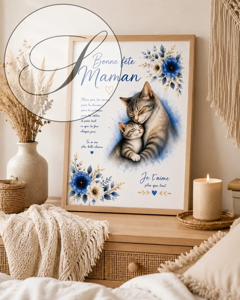 Un cadre print bonne fête maman avec illustration tendre d un chaton gris