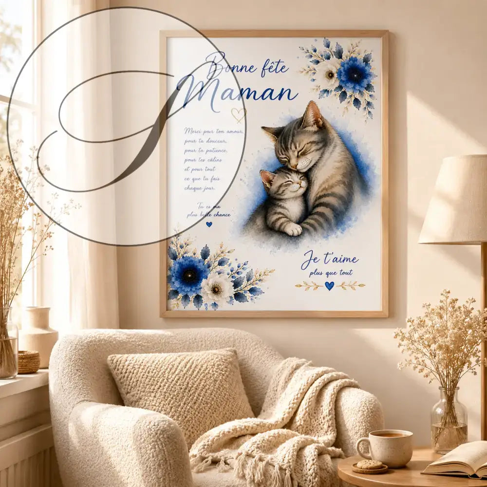 Un poster encadré avec une illustration tendre de deux chats et des motifs floraux bleus célébrant la maternité