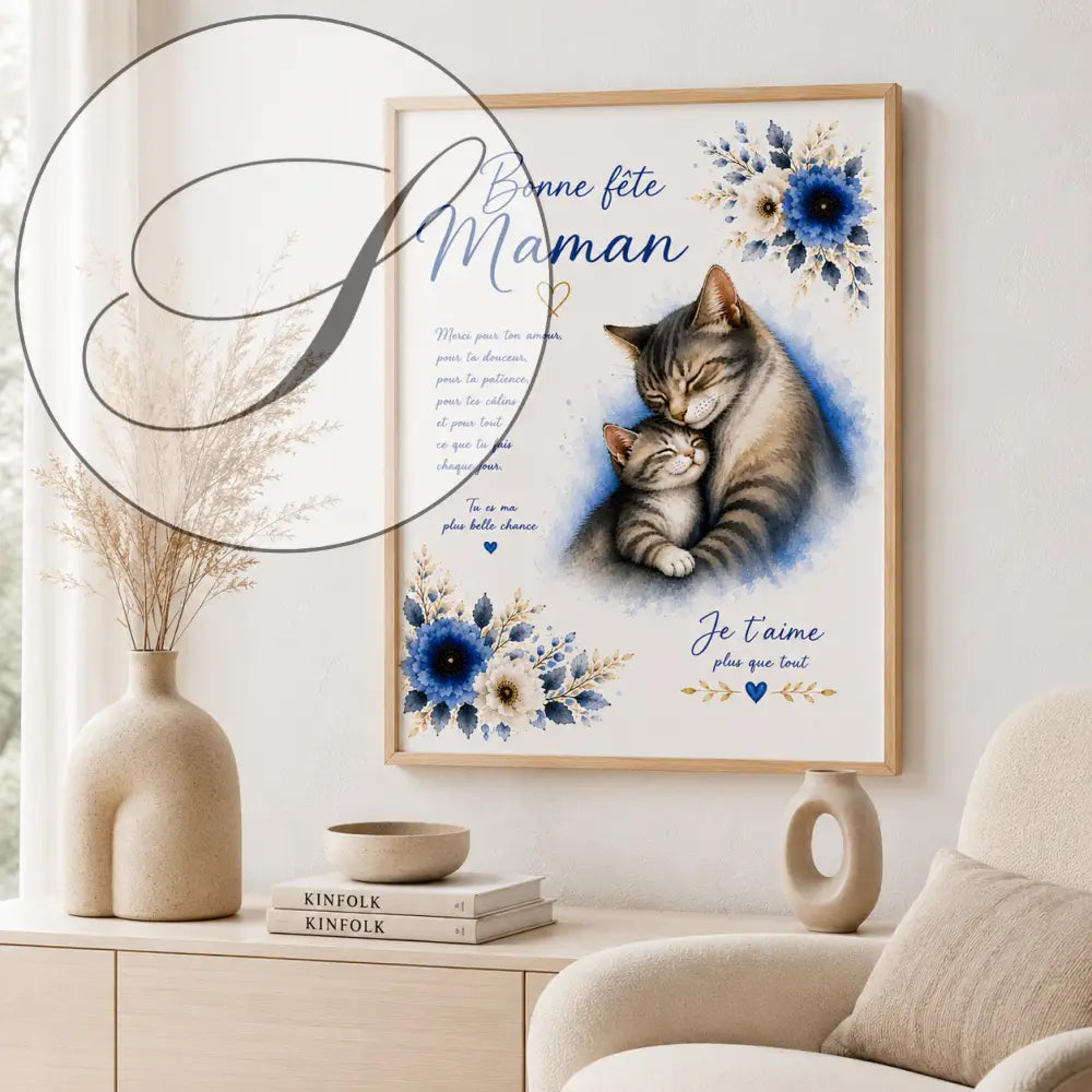 Affiche encadrée avec illustration tendre de deux chats et fleurs bleues, Bonne fête maman