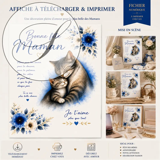 Affiche imprimable style aquarelle bleue et blanche ggg montrant une mĂšre chat