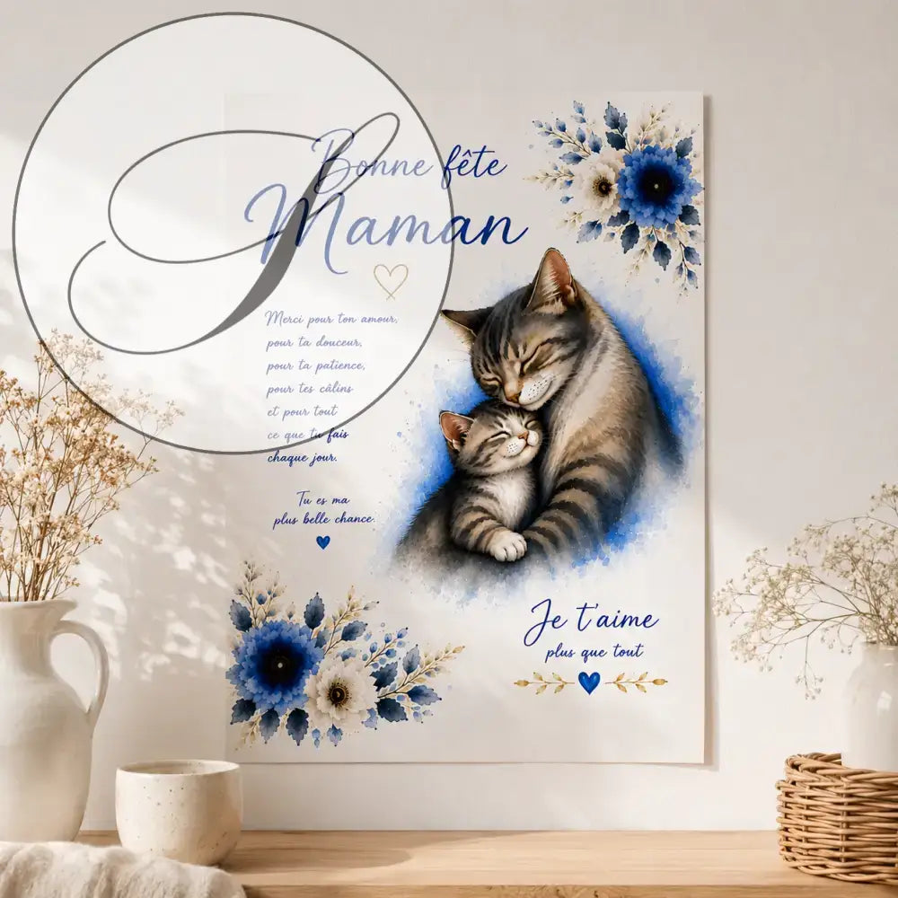 Illustration douce en aquarelle d'un chat tigré gris embrassant son chaton avec fleurs bleues et blanches