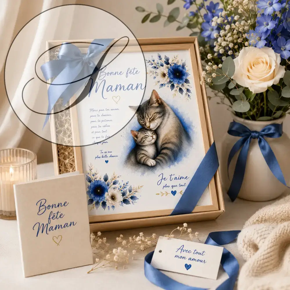 Une illustration encadrée un chat tigré gris embrassant tendrement son chaton avec des accents floraux bleus et blancs