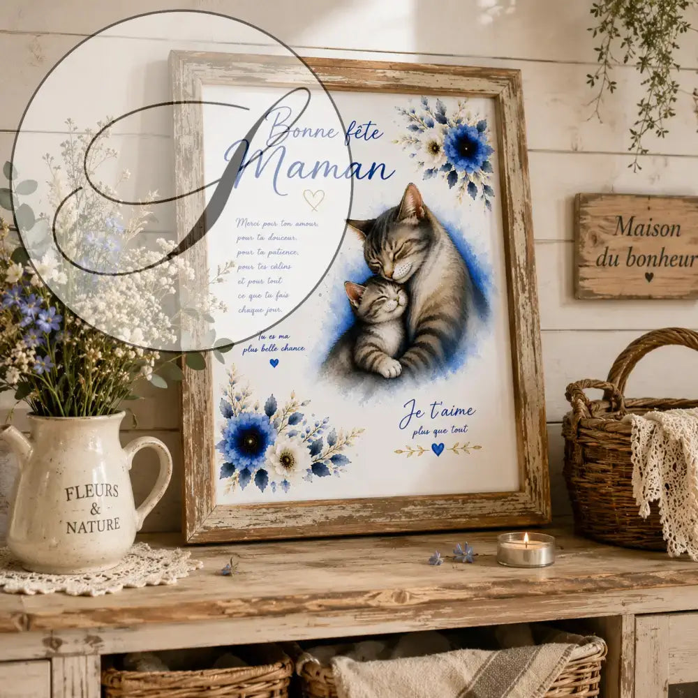 affiche cadre en bois rustique avec illustration de deux chats tigrés et message bonne fête maman