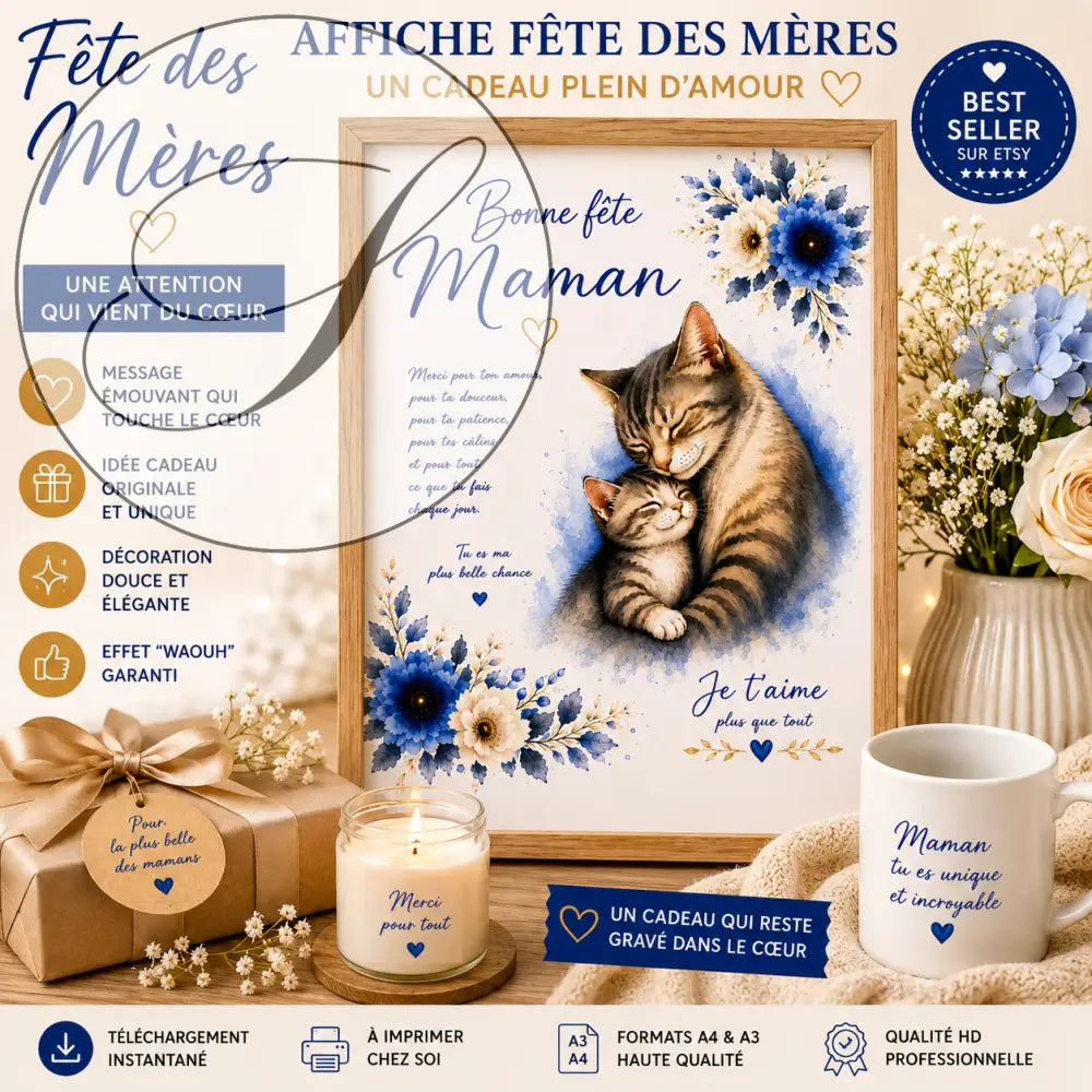 Affiche Bonne fête maman imprimable avec illustration tendre d'un chat tigré et son chaton entourés de fleurs bleues