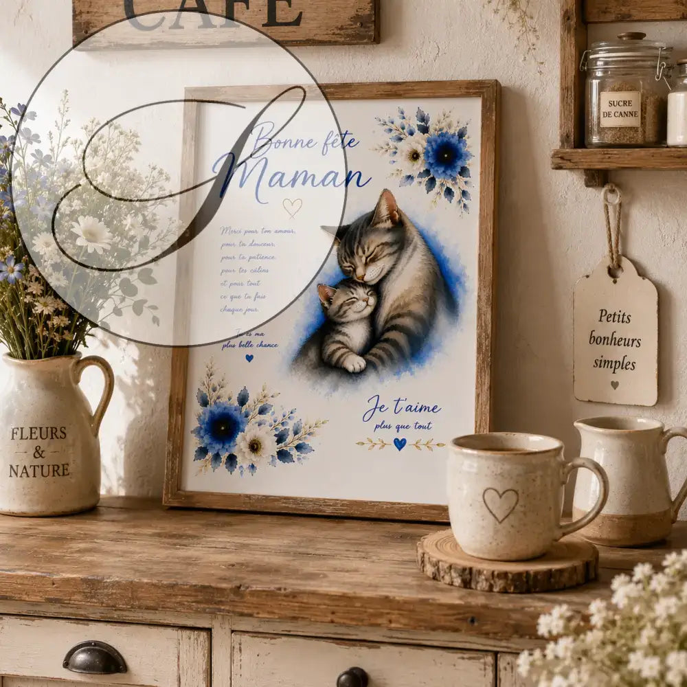 Une illustration aquarelle de chatons tabby et des accents floraux bleus bonne fête maman