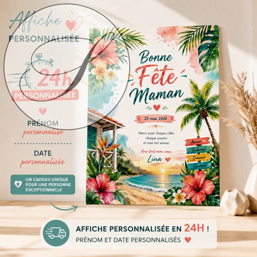 Affiche personnalisée tropicale avec fleurs d'hibiscus roses et feuilles de palmier vertes