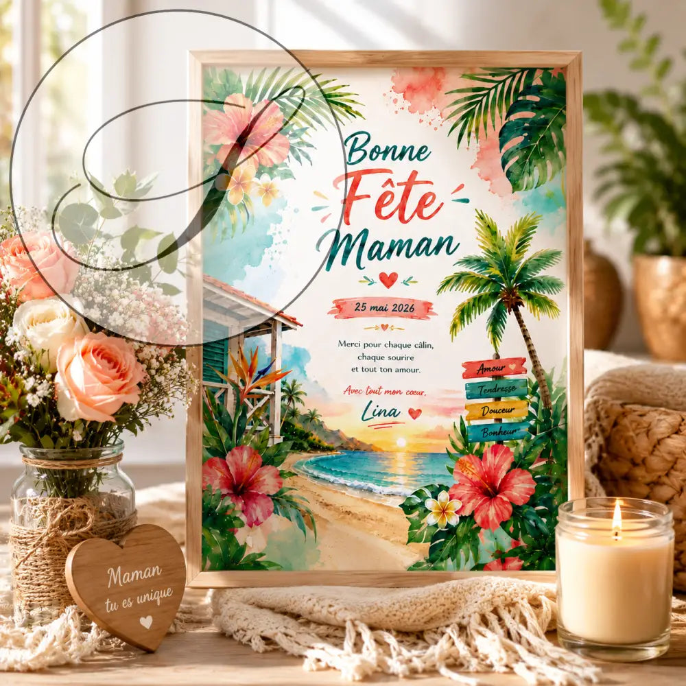 Affiche fête maman personnalisée avec fleurs tropicales et plage en aquarelle pour cadeau fête des mères à imprimer