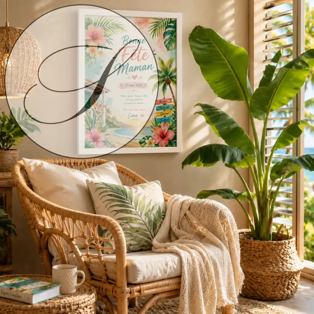 Affiche tropicale encadrée avec hibiscus roses et verts et texte Bonne fête maman en écriture élégante