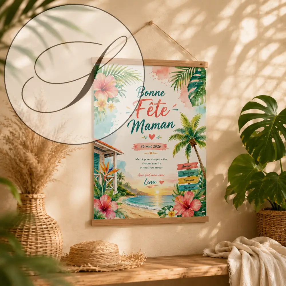 Affiche encadrée tropicale avec hibiscus roses et jaunes, feuilles de palmier, plage et texte Bonne fête maman